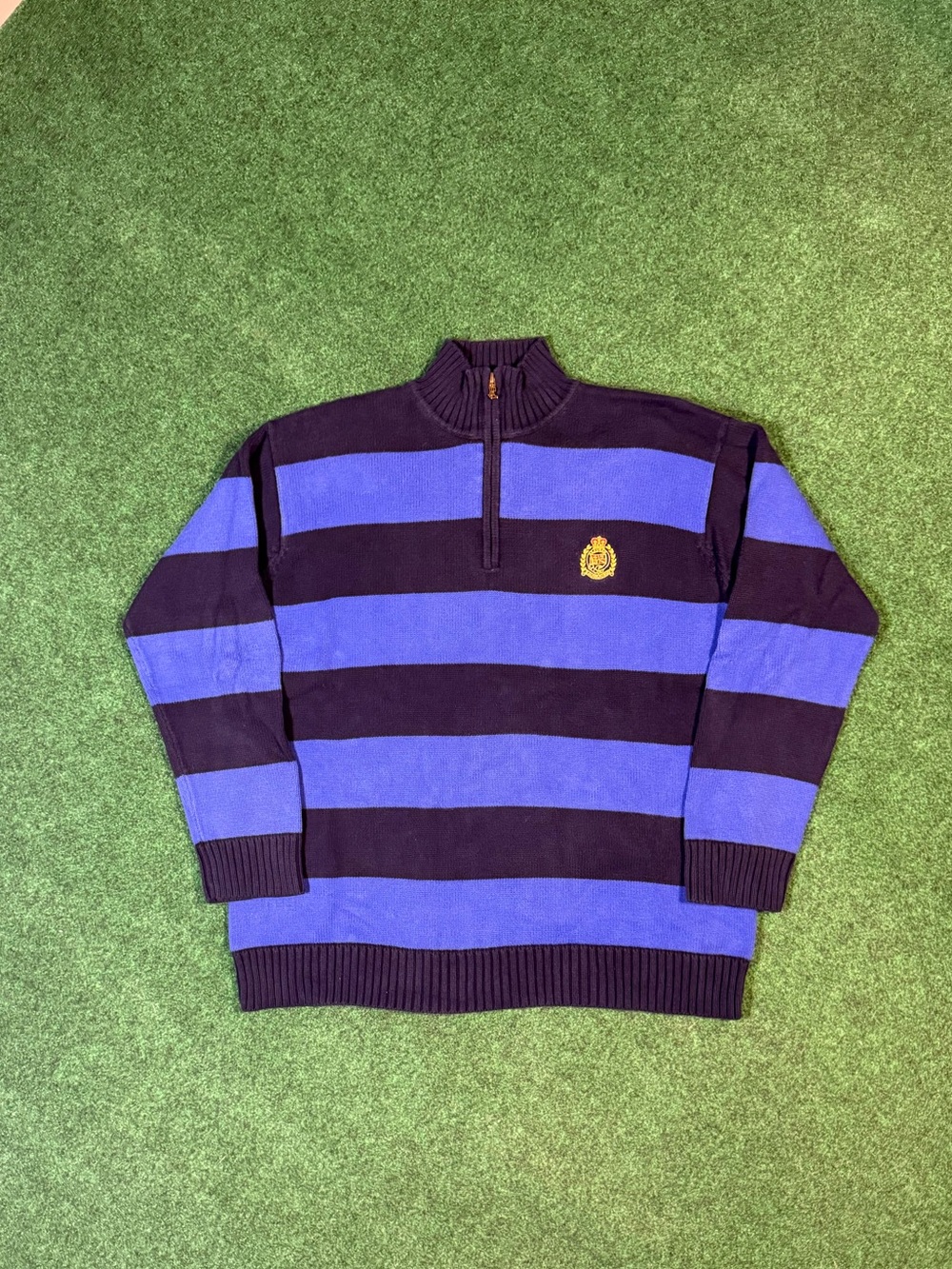 Polo by Ralph Lauren Blue and Black Striped Half-Zip Sweater